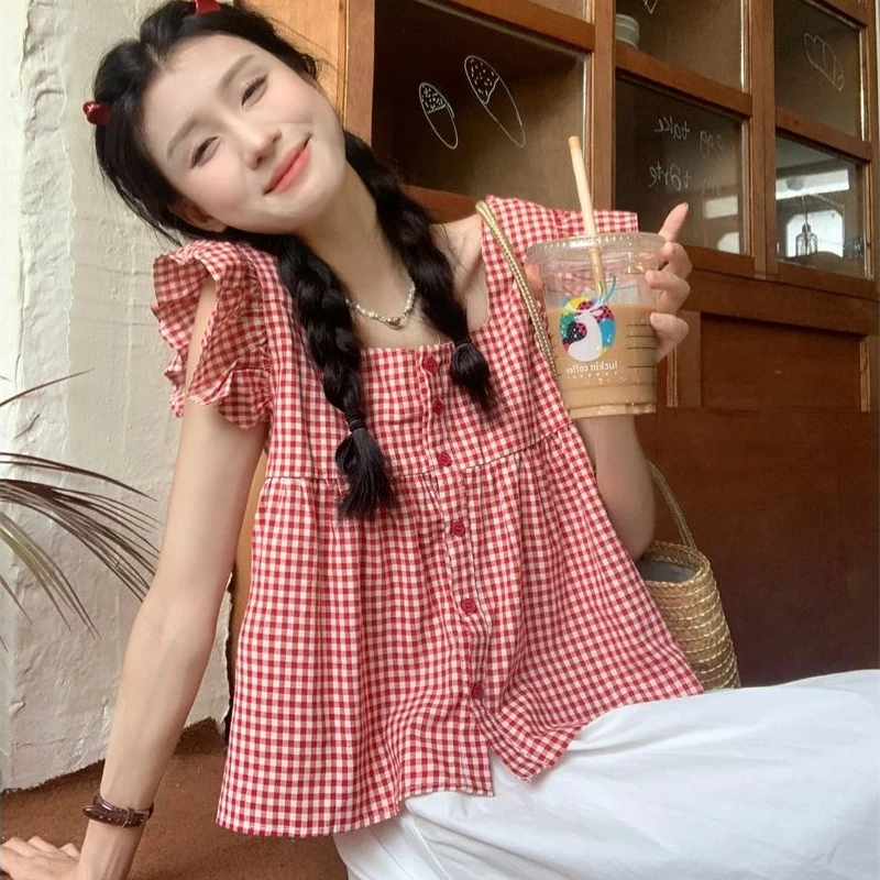 

Sweet Women Blouse 2025 Blusas Mujer De Moda Square Collar Flying Sleeve Fashion Summer Blouses Tops Loose Plaid Cute Shirts