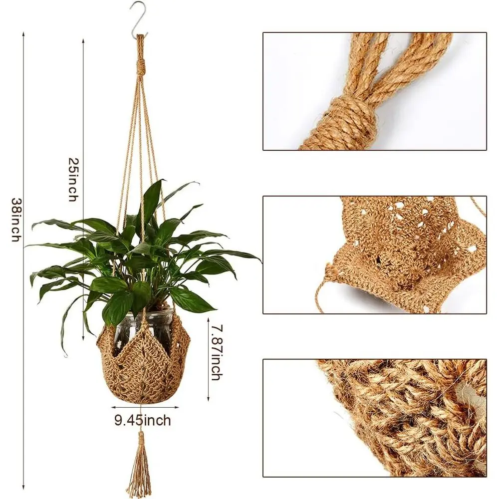 Plant Hangers Jute Crochet Indoor with 2 Hooks Hanging Planter Basket Lower Pots Holder or Boho Home Decor 2Pcs