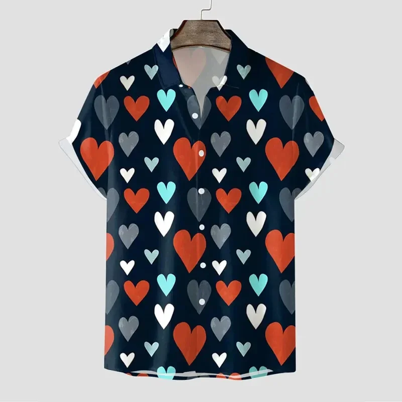 Men Red Pink Heart All‑Over Print Cuban Collar Short Sleeve Shirt Loose Button Up Summer Beach Vacation Casual Tops