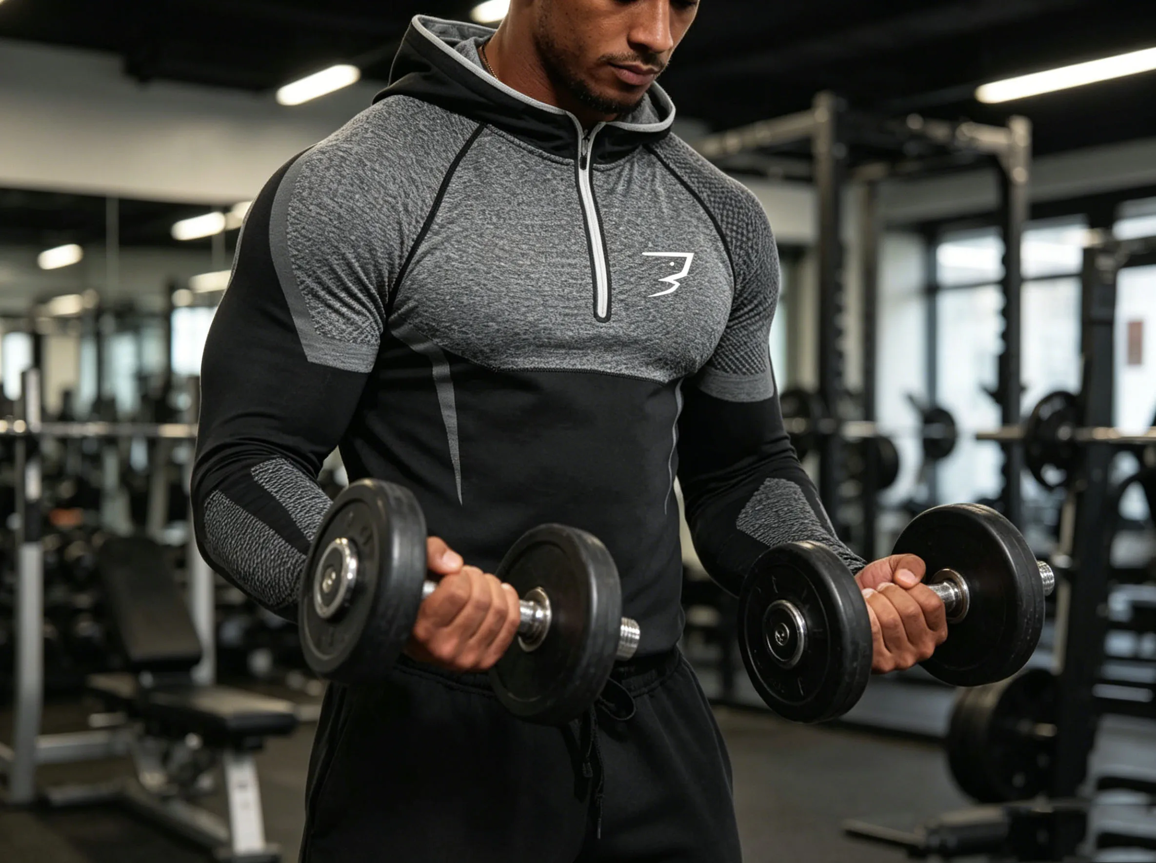 Men's Hooded Sweatshirt Quick Drying Breathable Sports Training Long Sleeved Semi Zippered Seamless Compression Sweatshirt