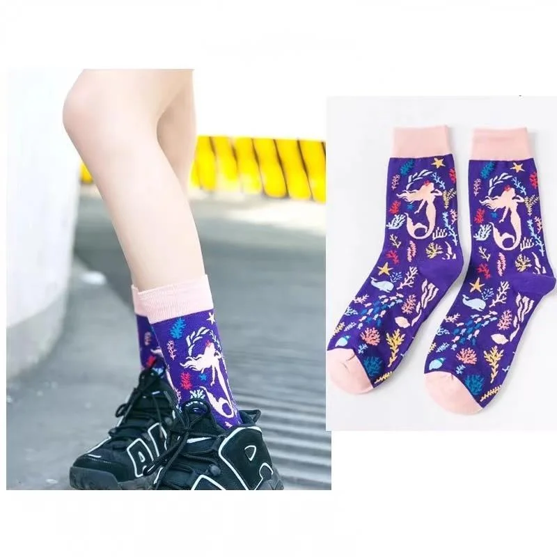 1pairs Women Socks Harajuku Funny Casual Retro Printing Striped Comfortable Fashion Casual Designer Elastic Socks New