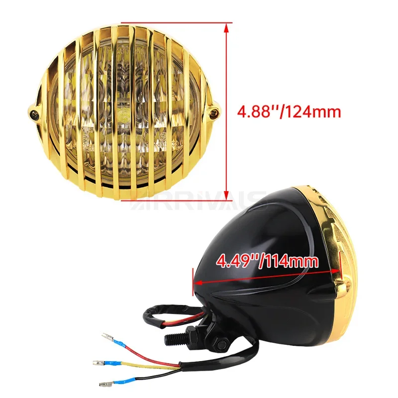 Motorcycle Vintage Old Bezel Grille Headlight Gold Front Lamp For Harley Honda Yamaha Suzuki Kawasaki Universal