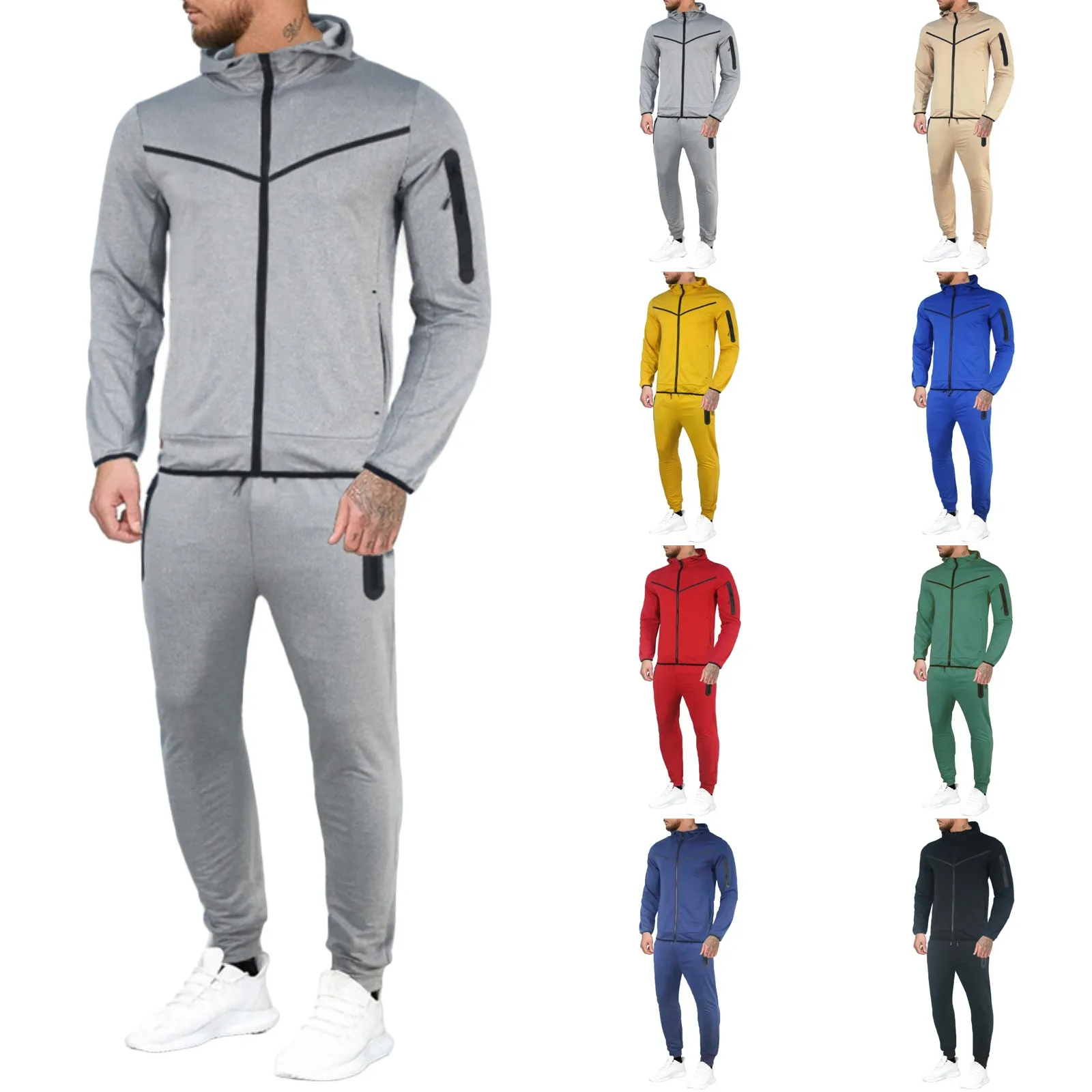 Men Winter Soild Color Tracksuit 2 Piece Outfits Long Sleeve T Shirts Hoodies Elegant Clothing Work Wear Sweatshirts Pant Sets