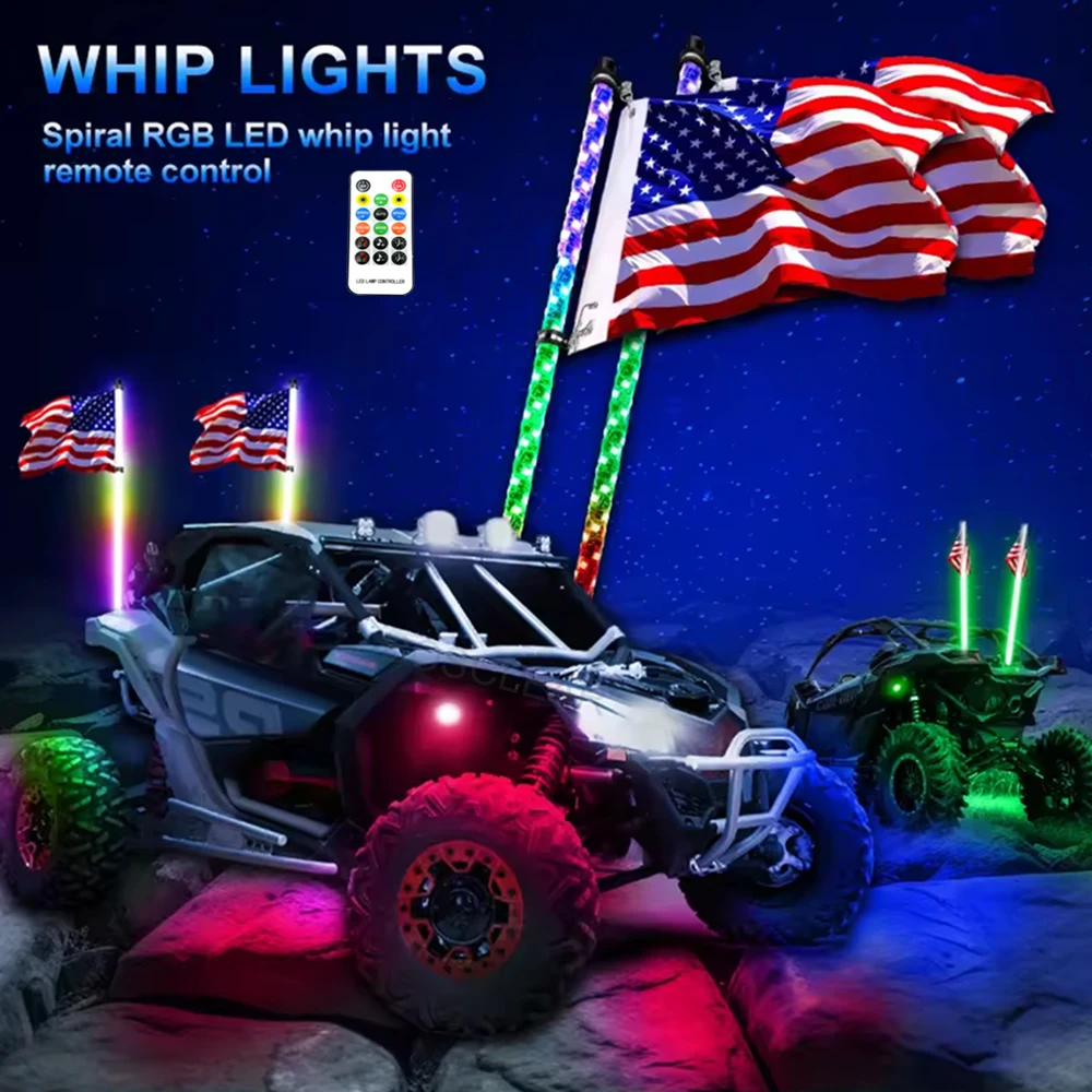 2 قطعة 1/2/3/4FT RRB LED سوط أضواء مع العلم RF التحكم عن بعد 360 دوامة الرقص مطاردة ضوء هوائي سوط مصابيح ل UTV ATV #1