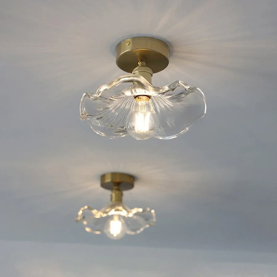 Vintage Surfaced Mounted Lotus Leaf Ceiling Light Glass Lampshade Downlight for Foyer Balcony Corridor