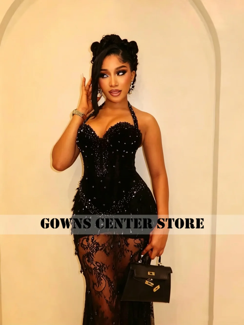 2027 Black Formal Evening Dresses for Women Halter See Through Aso Ebi Africa Prom Dinner Dating Birthday Party Gowns Customized