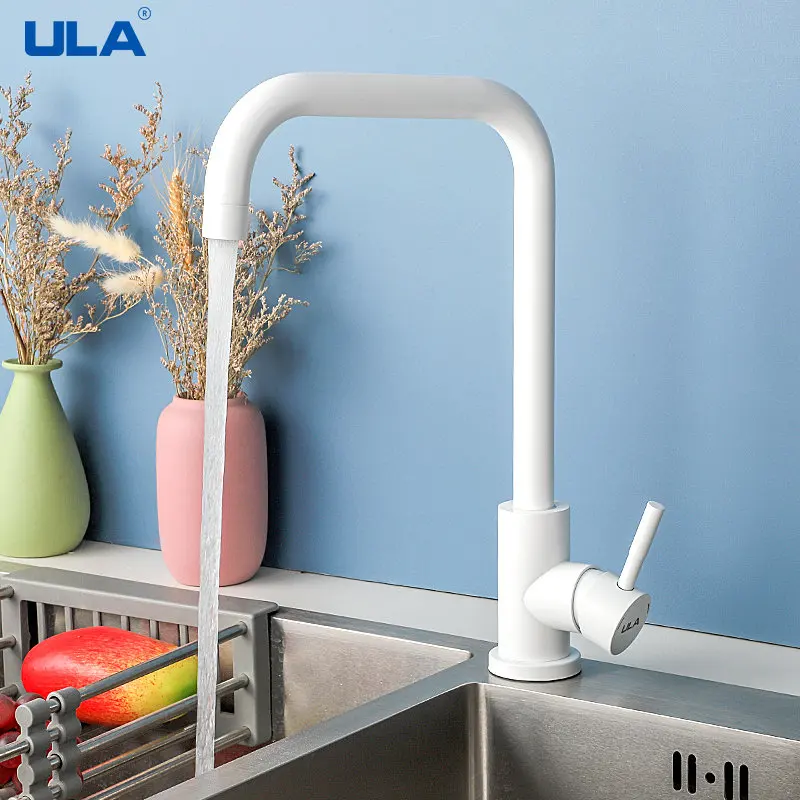 

ULA Simple White Kitchen Faucets Stainless Steel 360 Rotate Kitchen Faucet Deck Mount Cold Hot Water Sink Mixer Taps Torneira