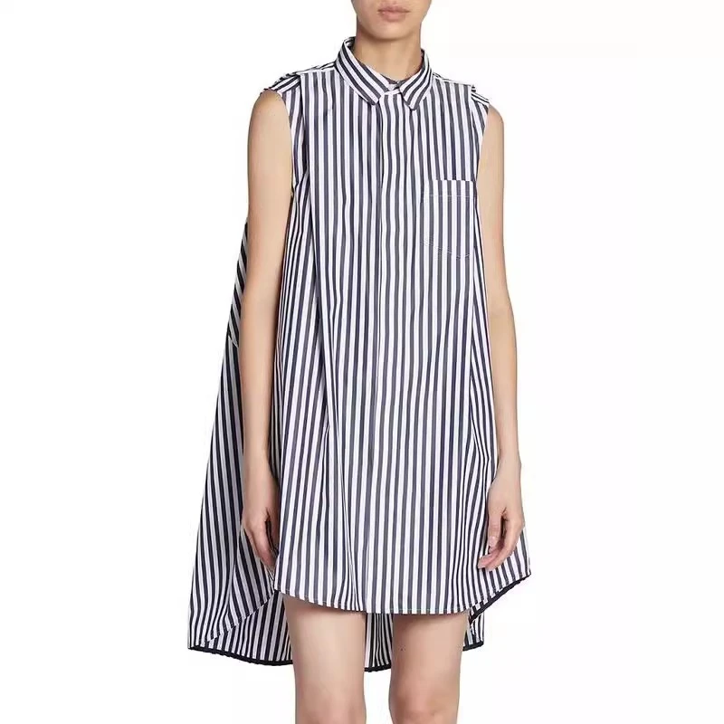 2024 Summer New Women's Lapel Striped Irregular Loose Sleeveless Shirt Dress y2k High Quality Fashion Casual Mini Skirt Traf