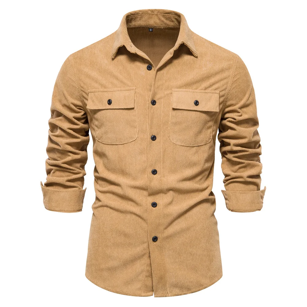 

New Autumn Cotton Corduroy Shirts Men Solid Color Slim Fit Casual Blouses High Quality Long Sleeve Social Shirt for Men