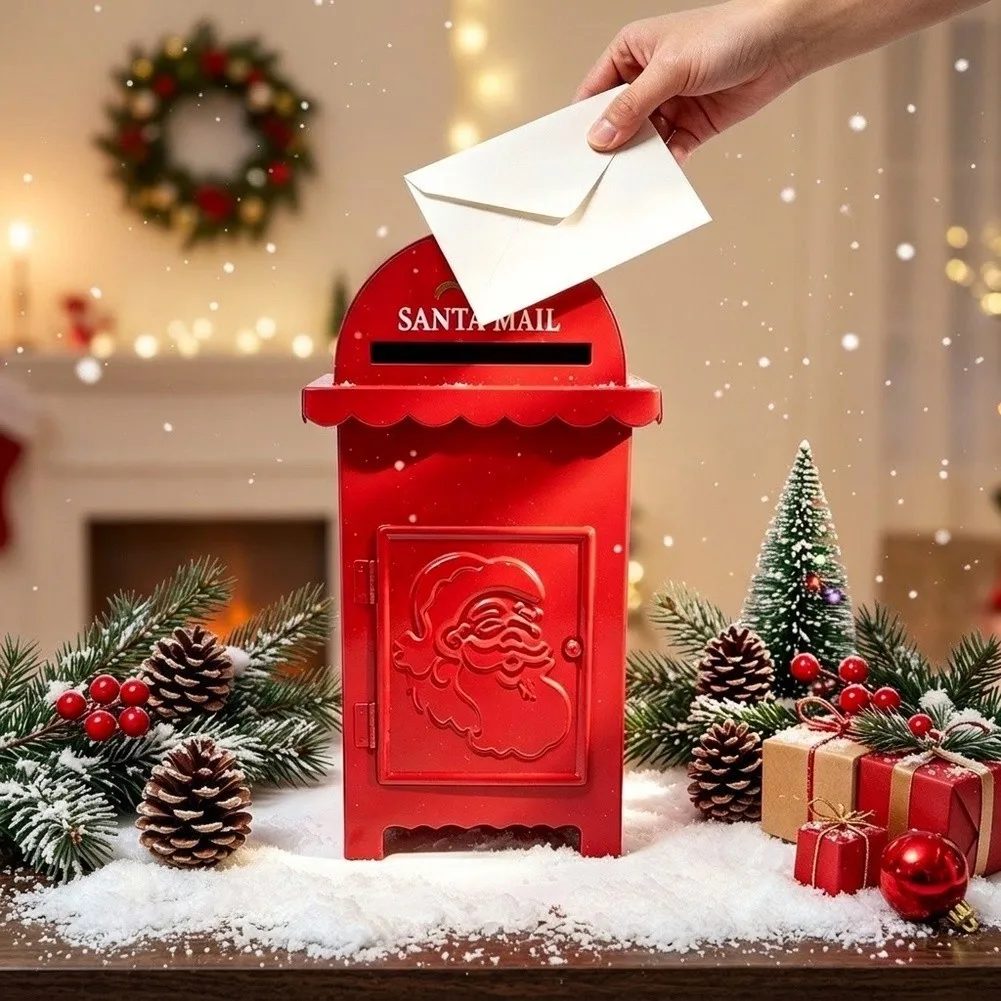 Santa Themed Letter Box for Holiday Season Use - Red Metal For Christmas Mailbox 13.5x8.5x25cm Indoor Outdoor Ready
