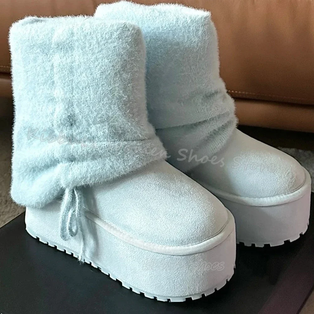 

Furry Snow Ankle Boots Platform Thick Bottom Solid Color Fashion Elegant Sexy Concise Novelty Women Shoes Round Toe New Slip-On