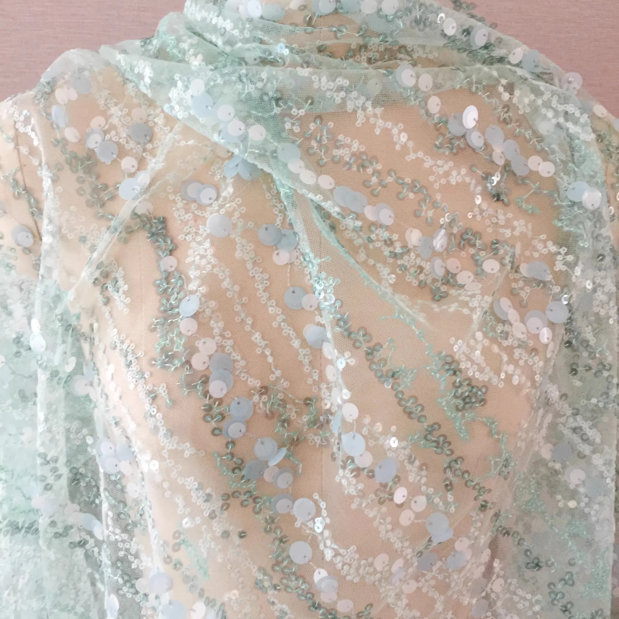 1yard price Fresh Mint Green Glitter Lace Mesh Fabric Wedding Dress Dance Dress Fabric