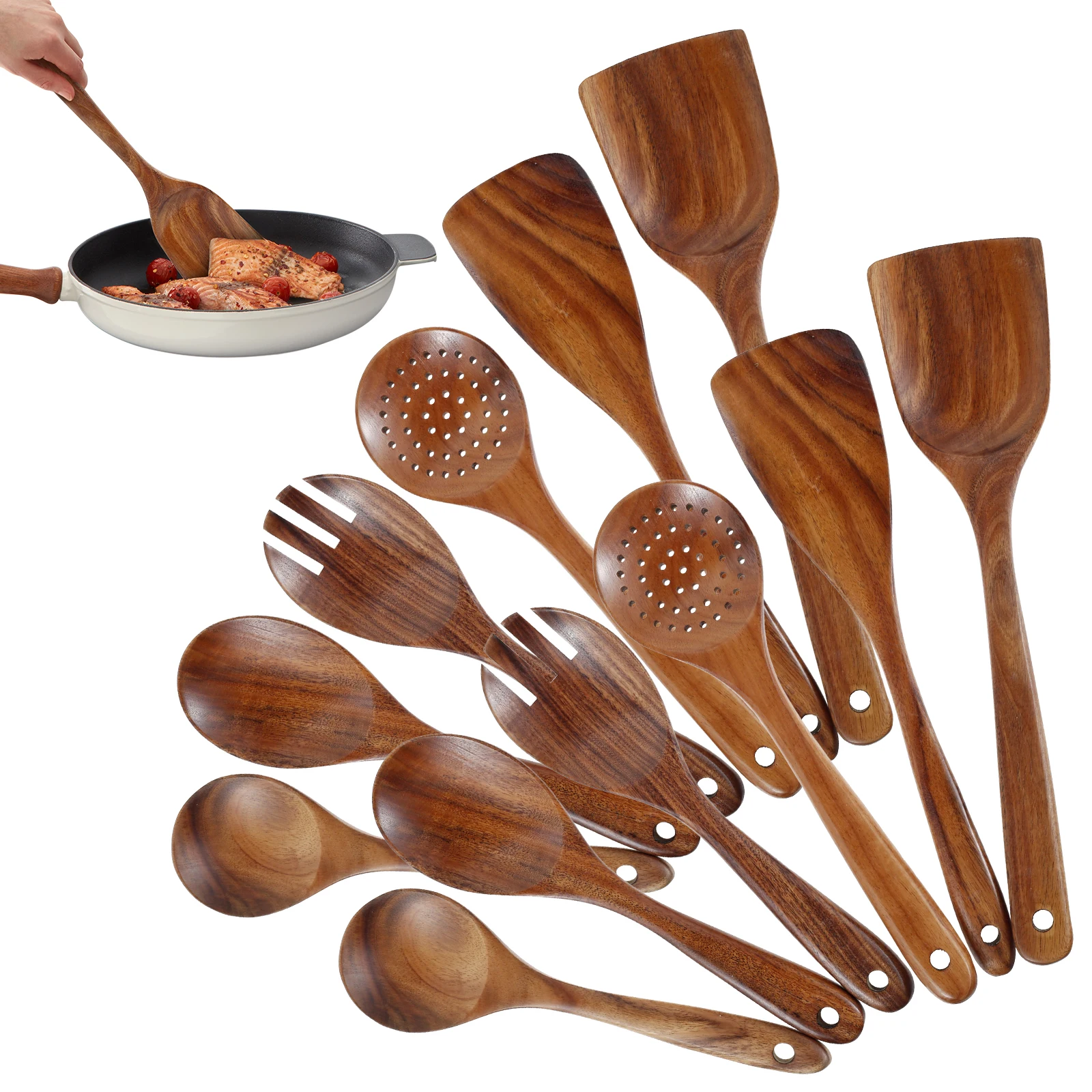 12-teiliges Teakholz-Löffel-Set, robustes Kochutensilien-Set mit Loch zum Aufhängen, Holzlöffel, Holzspatel, Löffel, bequemer Griff, Sieb