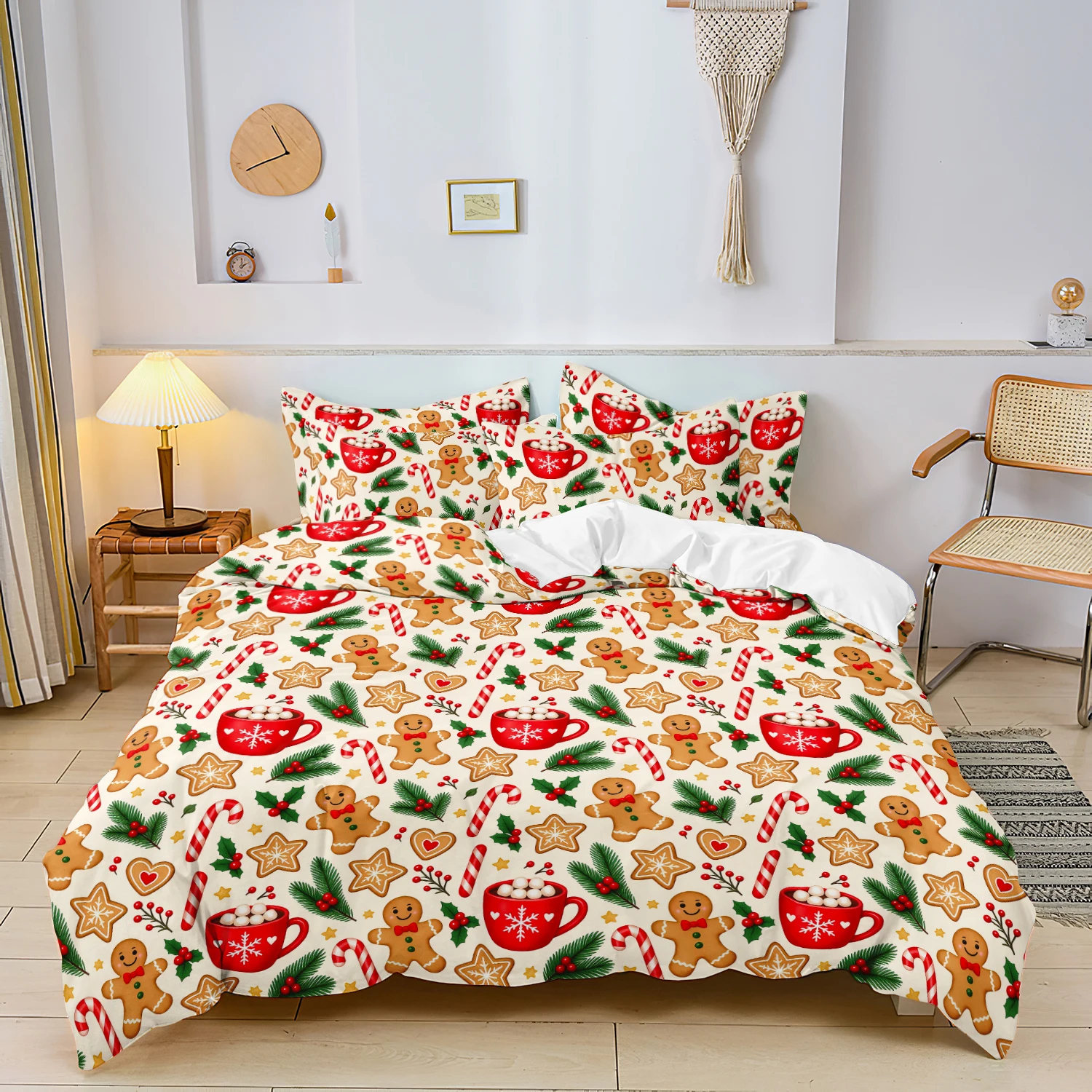 Pcs Gingerbread Cookie Hot Chocolate Candy Cane Holly Pattern Gingerbread Man Christmas Duvet Cover Set, Cream Xmas Bedding