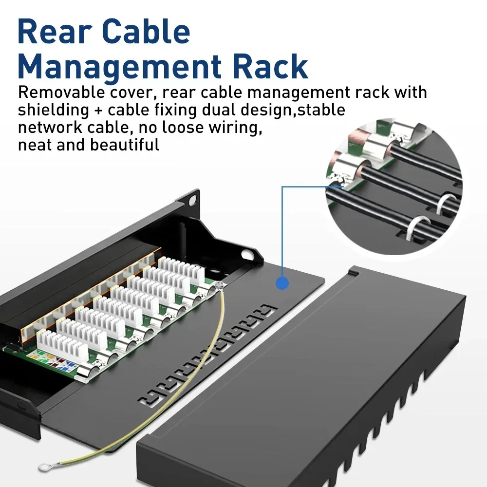 Painel de remendo de 8 portas ZOERAX CAT6a Painel de rede de metal blindado de 10 Gbps 1U Rack/montagem na parede compatível com cabos CAT5e/6/6a/7