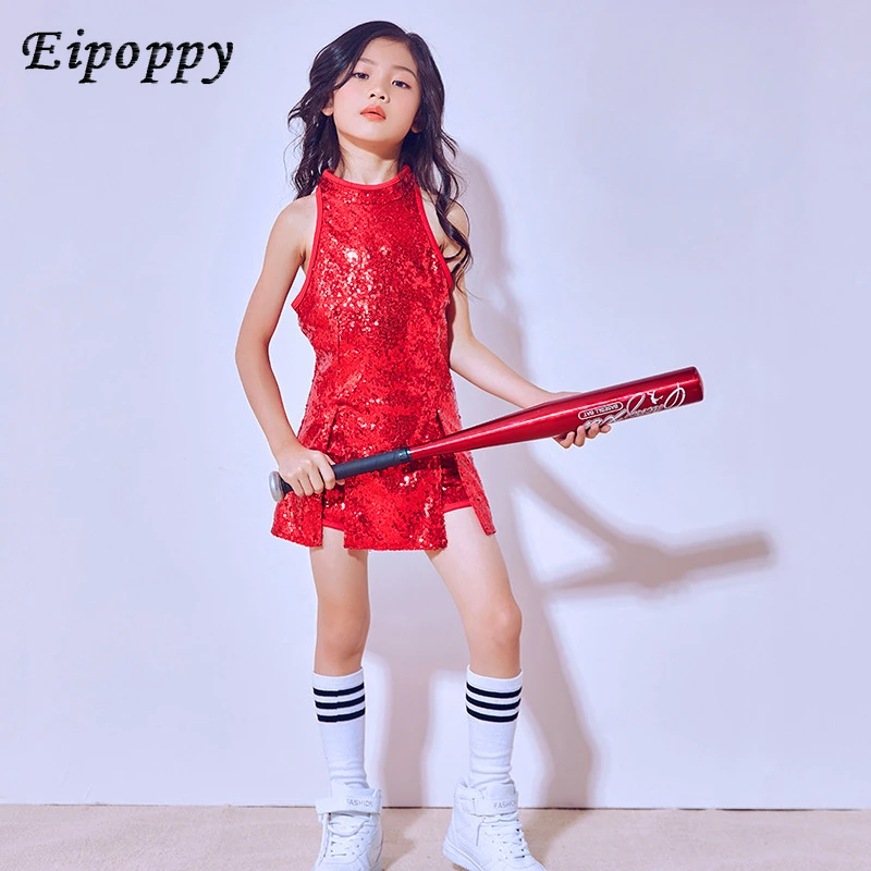 子供用ジャズダンスコスチューム、透明なスパンコール、ヒップホップ、韓国のモダンな服、新しい