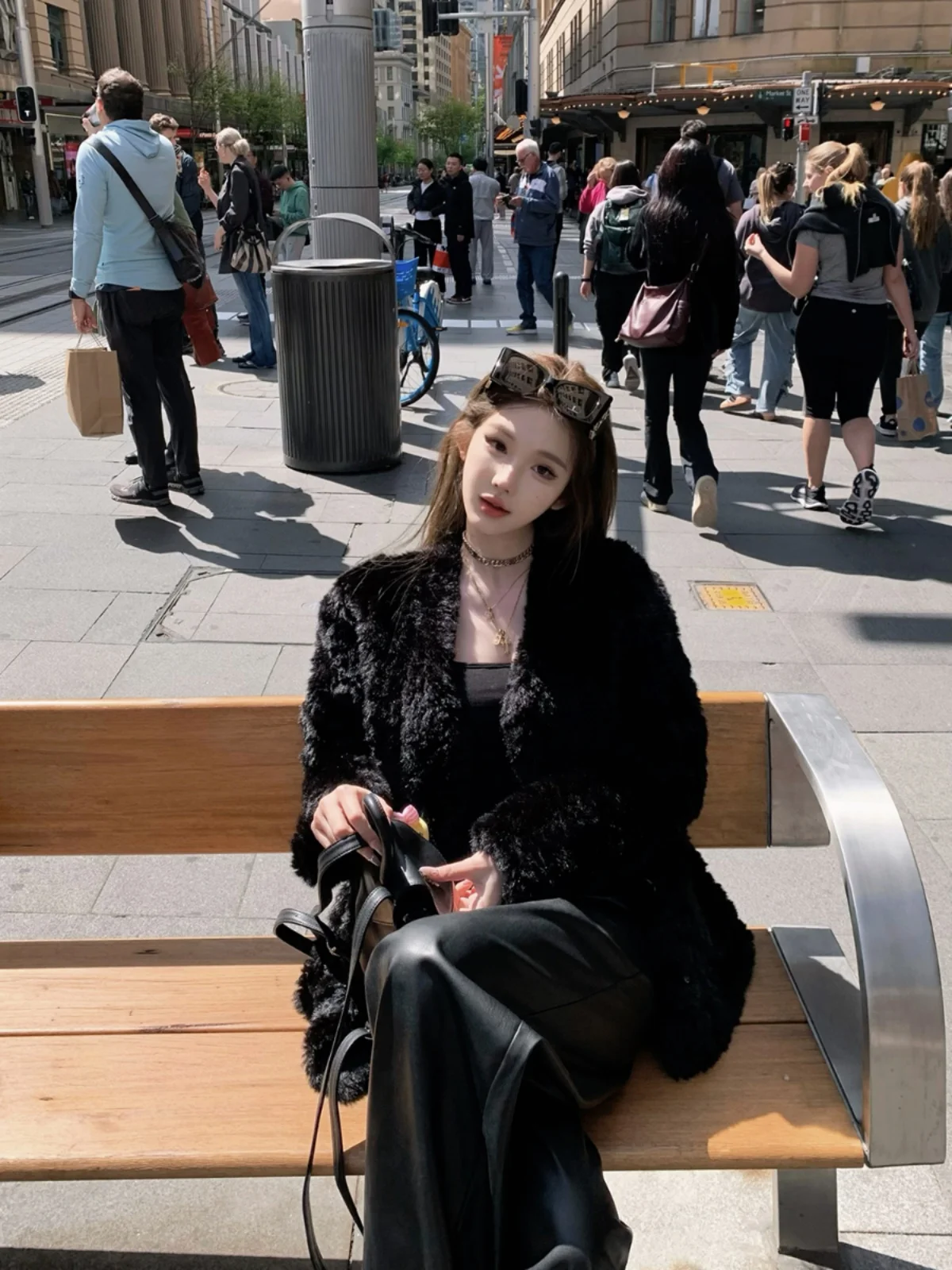 

JMOP Astro Jazz Women's Fur Coat Detachable Collar Eco-friendly Inteated Leather And Fur Autumn Winter Bla Fluffy Jaet