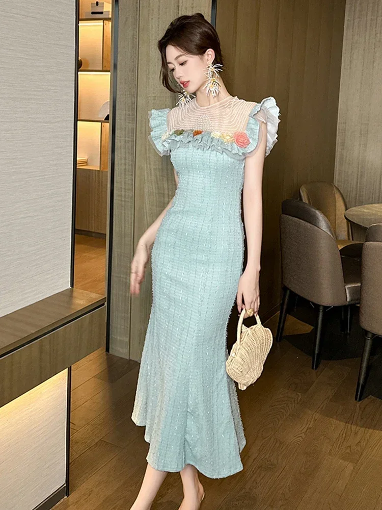 

Pop Luxury Elegant Ball Dress Women Delicate French Pearl Beading Flowers Ruffles Fishtail Robe Birthday Party Banquet Vestido M