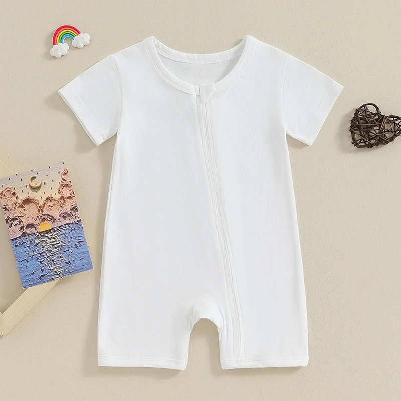 

BeQeuewll Baby Summer Romper Casual Short Sleeve Round Neck Zip Up Jumpsuit Infant Clothes For 0-24 Months