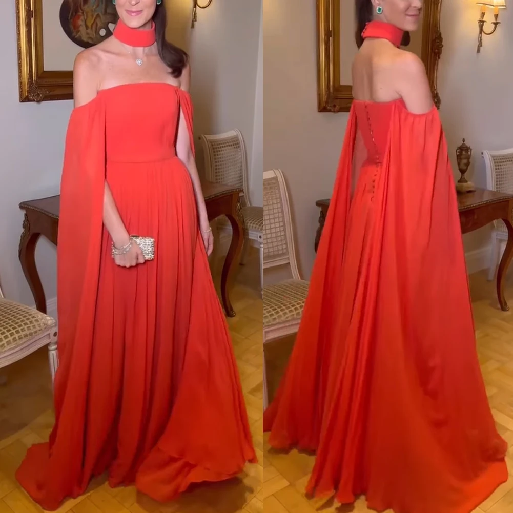 

Evening Dresses High Neck Long A Line فساتين سهرة Formal Prom Elegant Chiffon Party Wedding Dress Вечернее платье with Cape