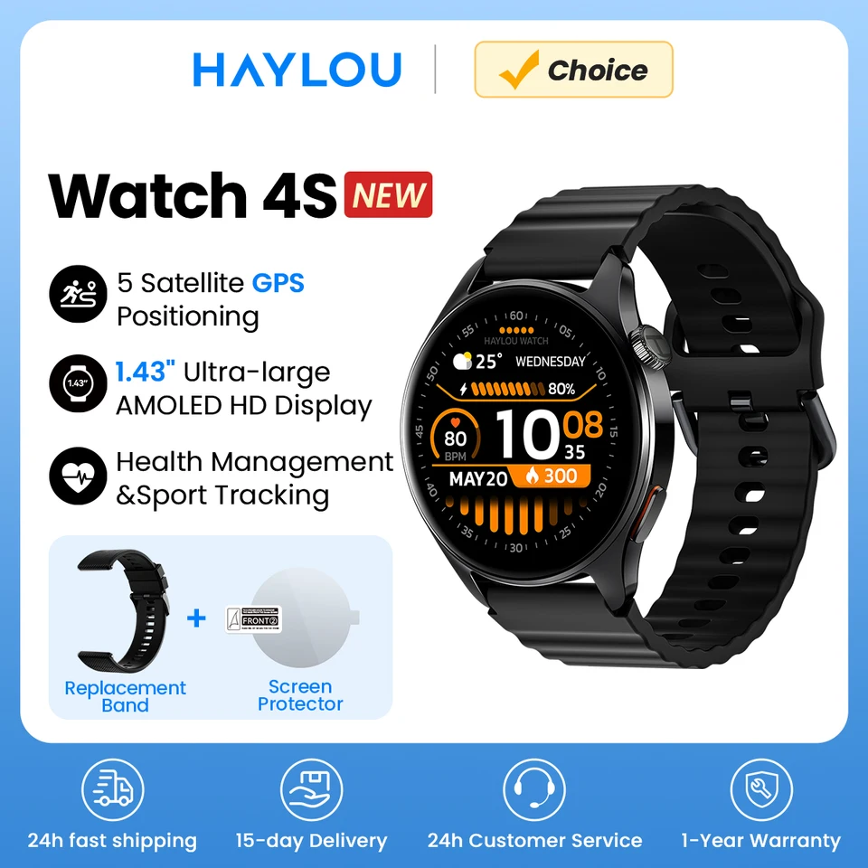 HAYLOU Watch 4S(HF012) GPS 스마트워치 1.43인치 HD AMOLED 5 위성 GPS 위치확인 120가지 이상 운동 모드 스포츠 피트니스 스마트워치