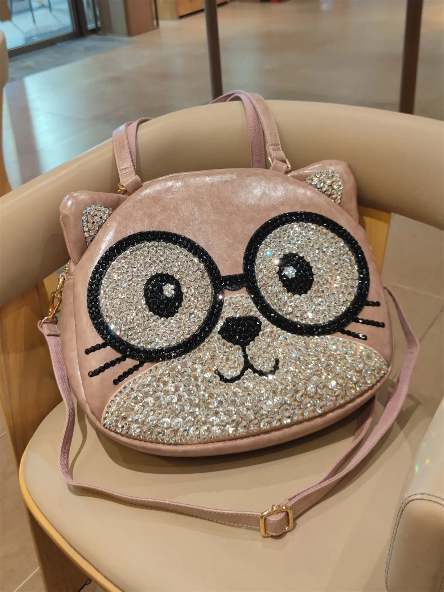 Cute Pink Shape Women Handbag Sparkly Rhinestone Glasses Design Top Handle Bag Removable Strap Crossbody Shoulder Purse