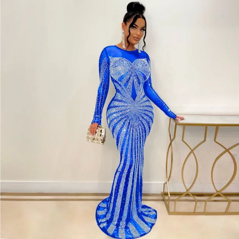 KEXU Rhinestone Mesh Sheer Sexy Party Maxi Dresses Elegant Beautiful Birthday Dress for Women Long Sleeve Evening Gown Dress