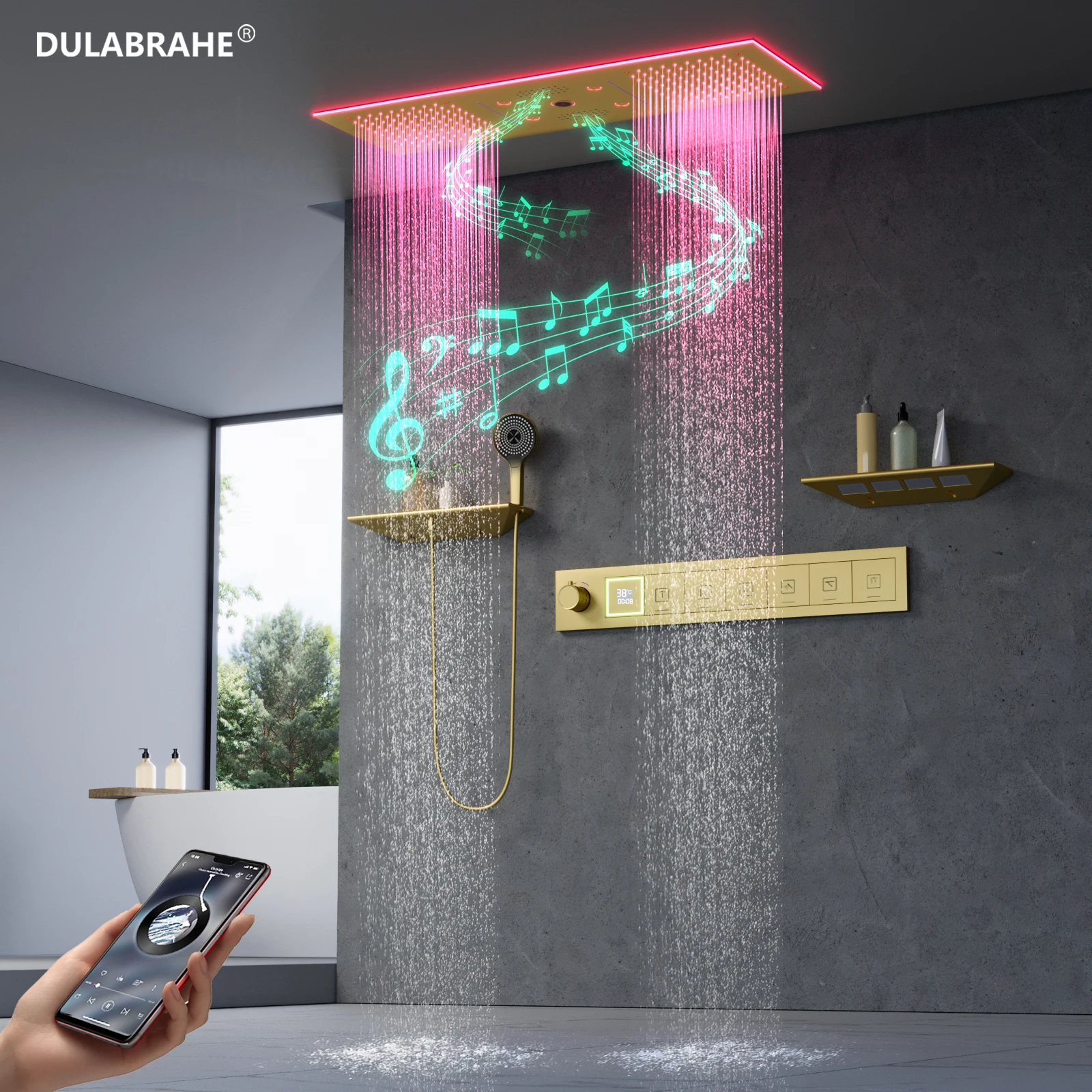 Brushed gold ceiling bathroom side spray handheld with storage platform music thermostat shower system LED shower rainforest