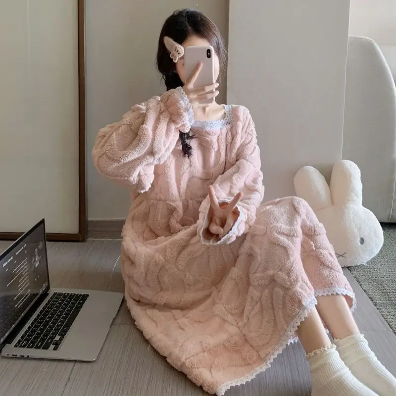 

Winter Long Sleeve Thick Warm Flannel Nightgowns for Women Korean Cute Lace Coral Fleece Sleepwear Night Dress Nightdress Nighty