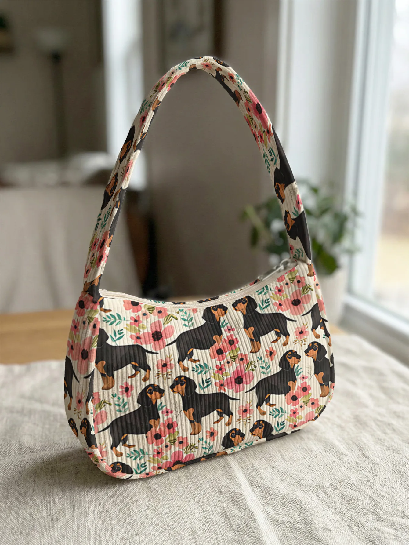 

Trendy Playful Dachshund & Floral Print Shoulder Bag, Cute Beige Corduroy Underarm Bag