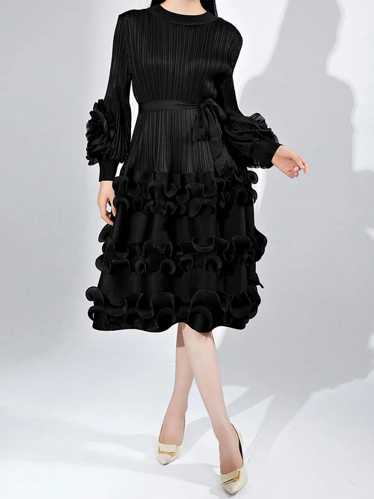 Belt Pleated Miyake Dress Fashion Round Neck Floral Sleeves Fungus Spliced Solid Elegant Dresses for Women 2023 New 5GR2974