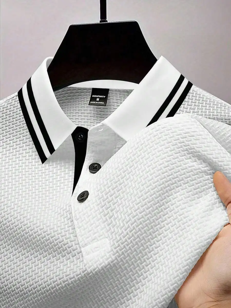 

Men's White Textured Polo Shirt with Black-Striped Collar, Short Sleeve, Casual Summer Wear