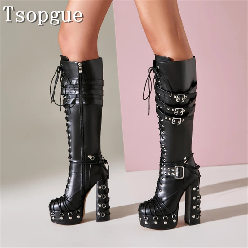 Punk Rivet Knee High Platform Boots Women Multiple Buckle Straps Lace Up Chunky High Heel Boots for Gothic Cosplay Party