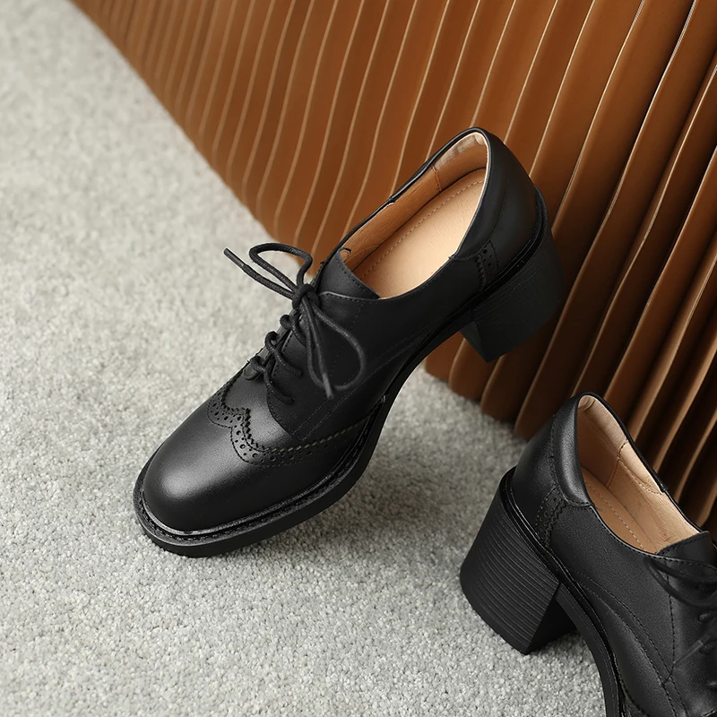 2023 Spring New Platform Shoes Women Genuine Cow Leather Round Cross Tied Closure Chunky Sole Ladies Casual Shoes Handmade Pumps