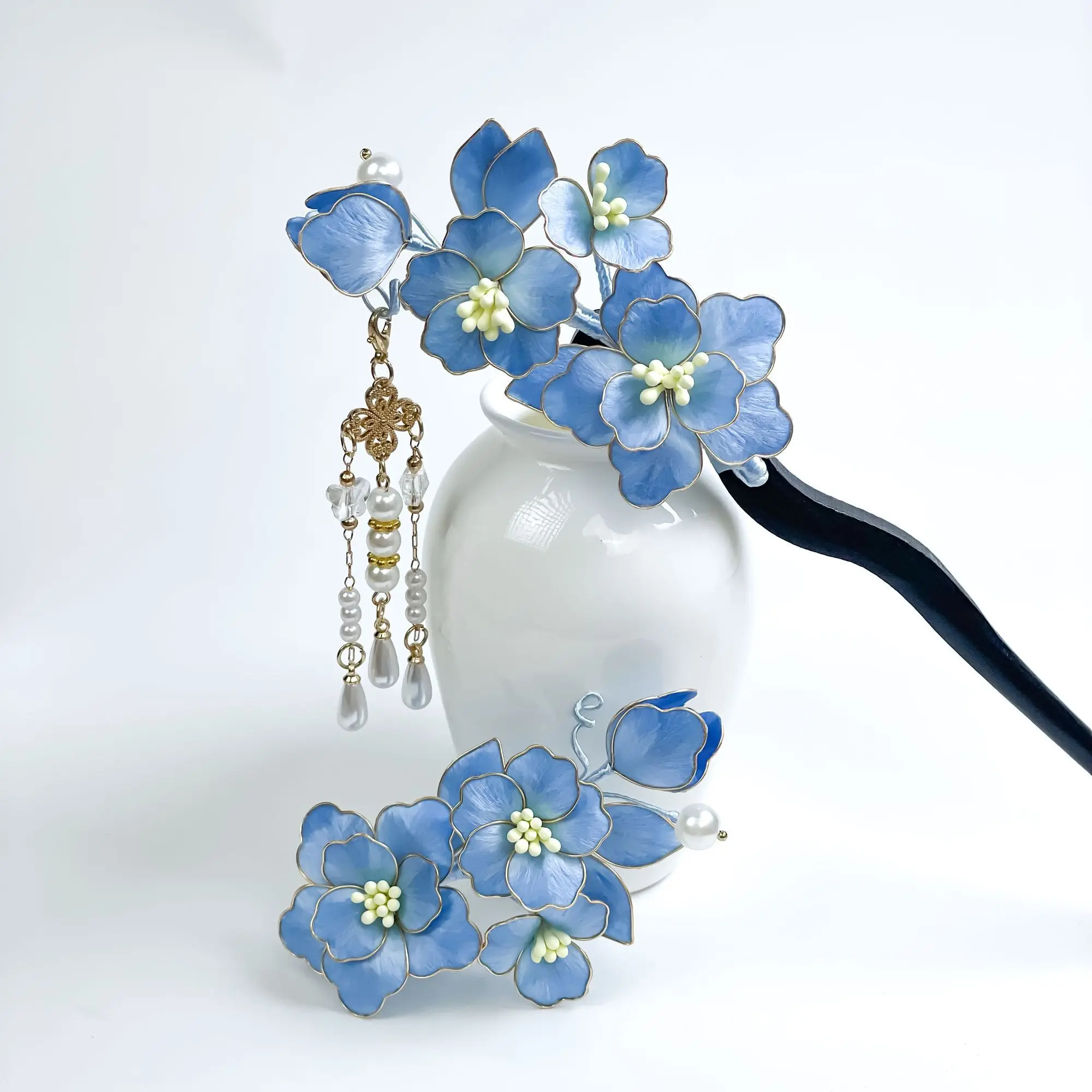 Handmade Velvet Flower, Icy Blue 3D Flower with Exquisite Tassel, Handcrafted Filigree Shaping, Elegant & Serene Oriental Hair