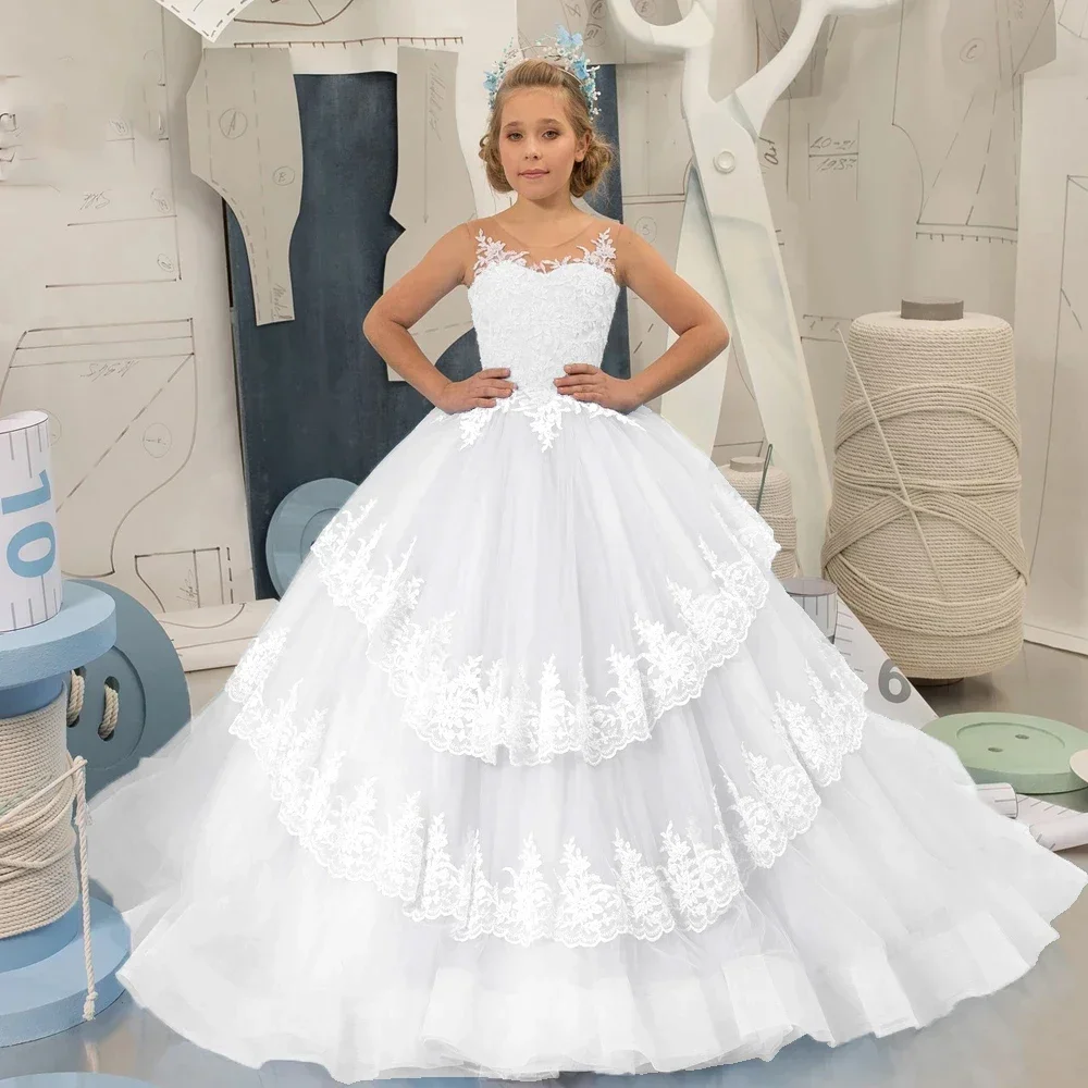 Light Champagne Flower Girl Dresses For Wedding Puffy Lace Ruffles Tulle Pageant Dress Applique First Communion Party Ball Gown