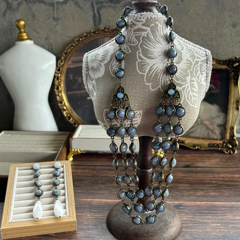 

Винтажное массивное ожерелье и серьги, комплект женских готических многослойных цепочек из бисера, ювелирные изделия в стиле ретро, аксессуары для костюма для вечеринки, подарок