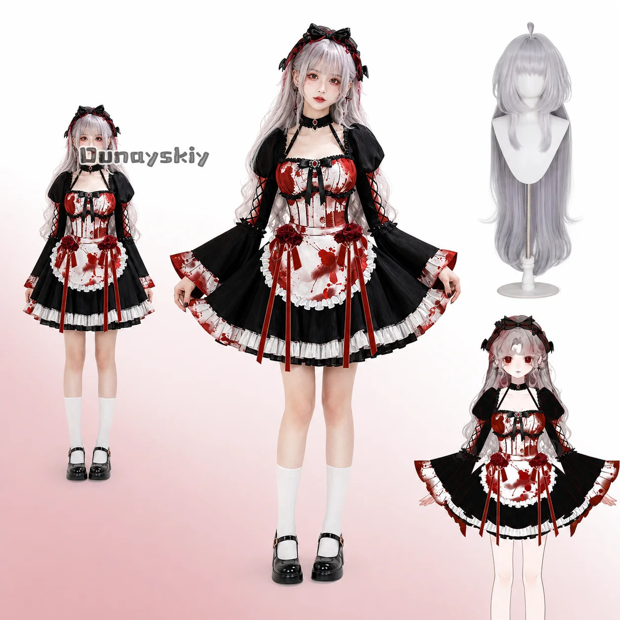 KS*18Rebel Maid Halloween Gothic Spitzen-Lolita-Dienstmädchenkleid Cosplay-Kostüm Zweidimensionales Outfit Comic High Damen- und Herrenkleid Niedlich