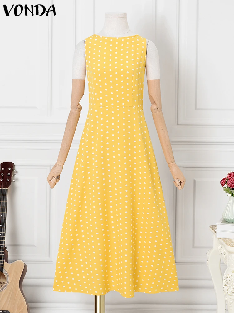 

Evening Party Dress Women Summer Sleeveless Backless Vestidos 2025 Beach Dot Printed Sundress Casual Lace- Up Hollow Out Robe