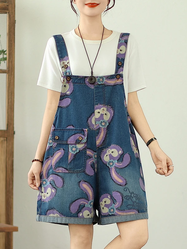 

Джинсовый комбинезон с мультяшным принтом, женский, летний, новый, художественный, больших размеров, повседневные широкие брюки, синий, с завышенной талией