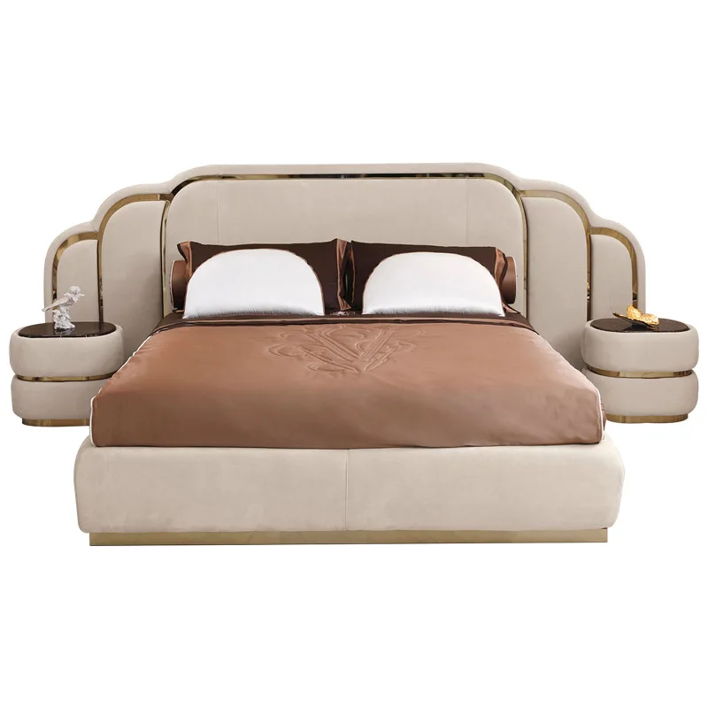 #￥MR Modern Bedroom Furniture Golden Stainless Steel King Queen Bed Extend Headboard Leather Bed Frame with Nightstand
