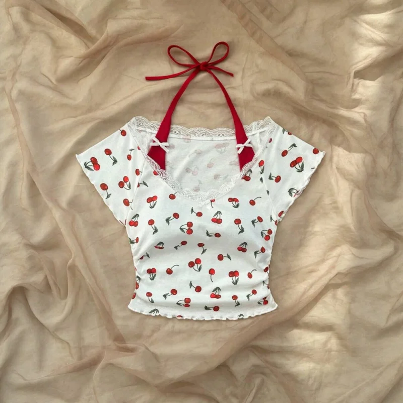 

Женский летний вязаный топ с бретелькой на шее и принтом вишни, 2022, цветной топ с v-образным вырезом и бантом, украшенный летящими рукавами, облегающий топ