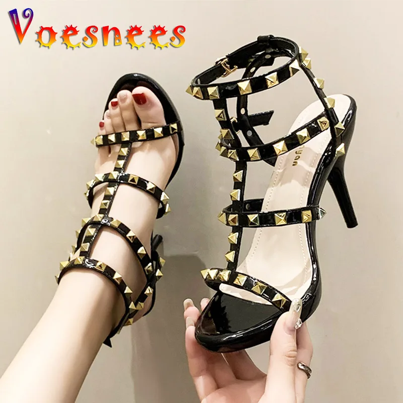 2023 Hot Sell Women Rivets Sandals Summer 10CM Stiletto Pumps Plus Size Fashion Wedding Shoes Cross Thin Band High Heels Black