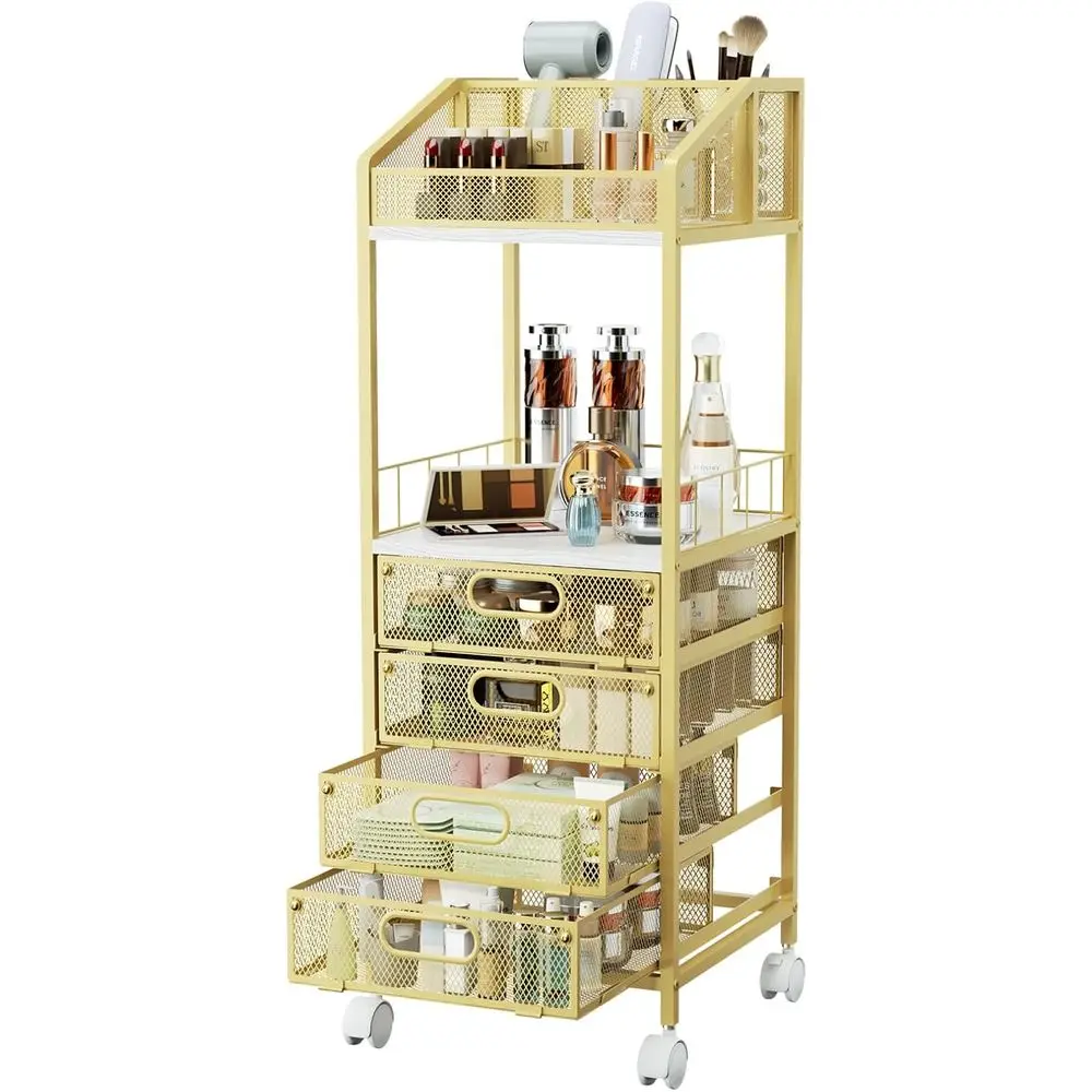 

Makeup Organizer Storage Cart - Floor Skincare Make Up Storage with 4 Drawers, Rolling Makeup Cart Vanity Organizer Cosmetics Di