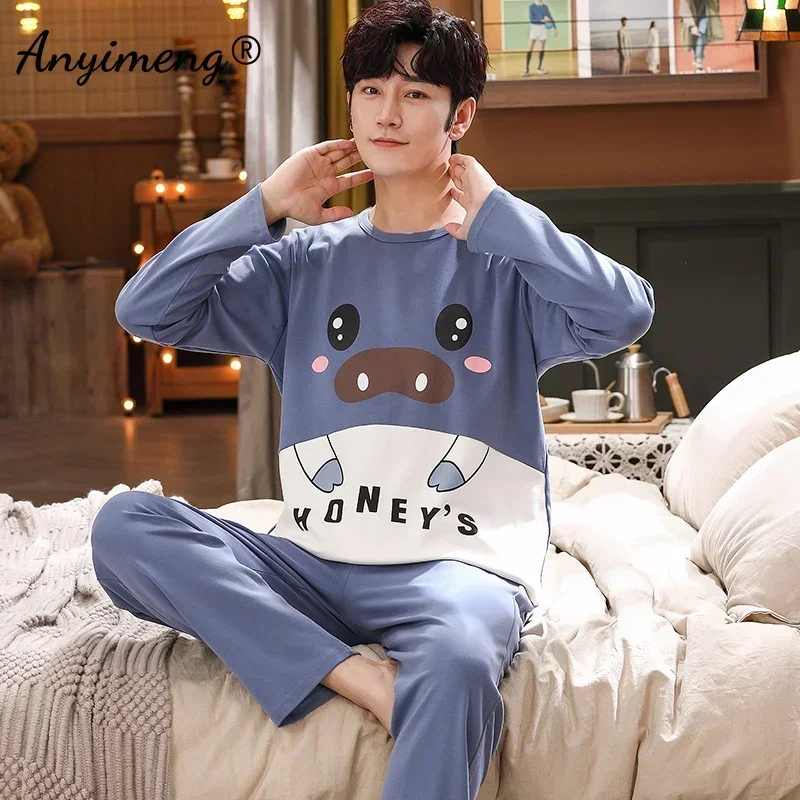 Big Size Autumn New Mens Casual Pajamas Set Cotton Long Sleeve Kawaii Bear Cartoon Printing Sleepwear for Men Pijama for Boy