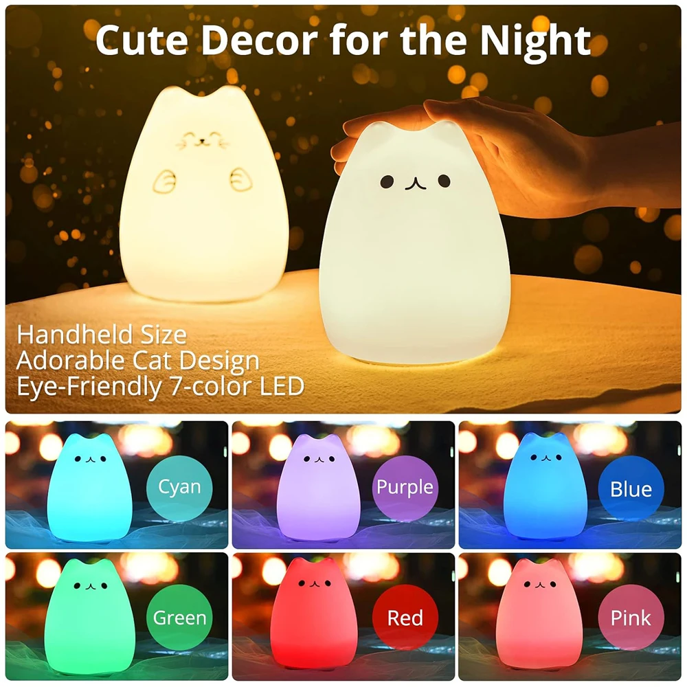 Cute Cat Night Light 7 Colors Silicone Nursery Cat Lamp for Kids Tap Control Energy Saving LED Lamp Cute Gifts for Girls Boys