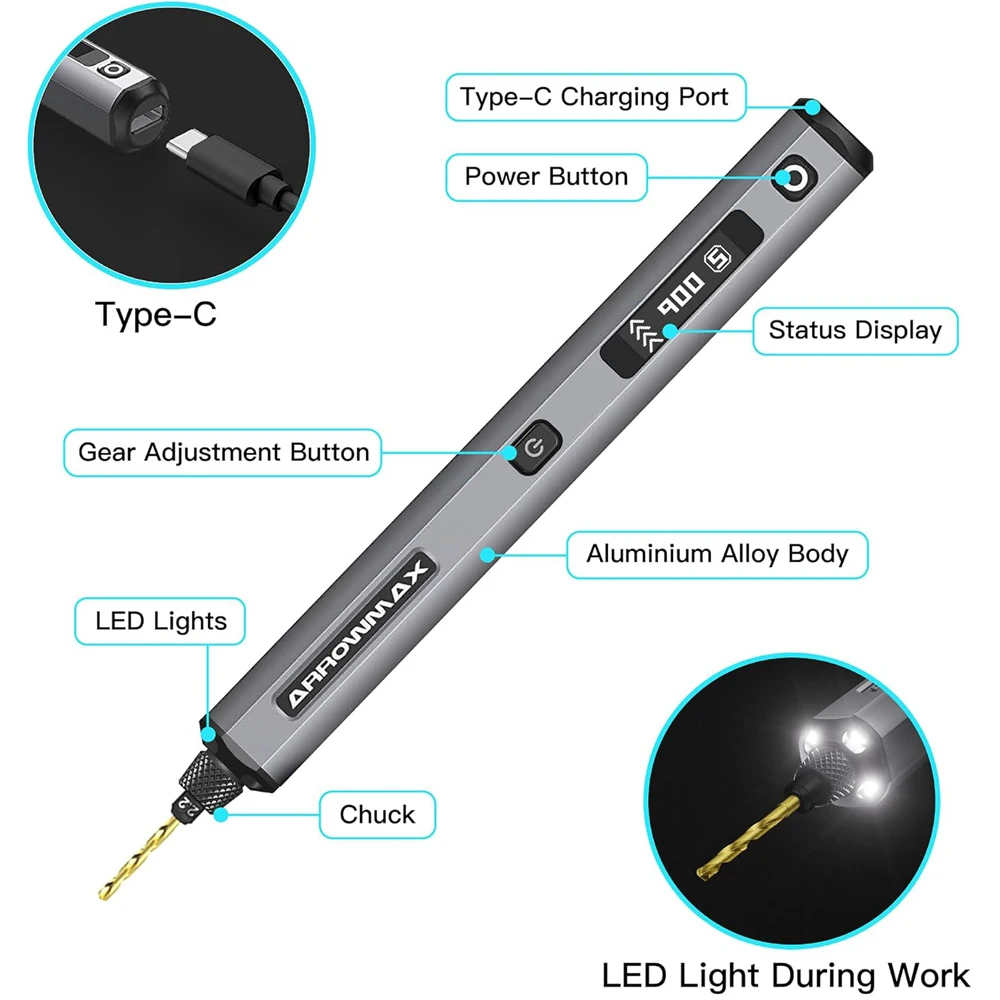 ARROWMAX SDS Furadeira Ultra Elétrica Recarregável Ferramenta Rotativa Furadeira Sem Fio para Artesanato Madeira Plástico Moeda de Alumínio Casa DIY