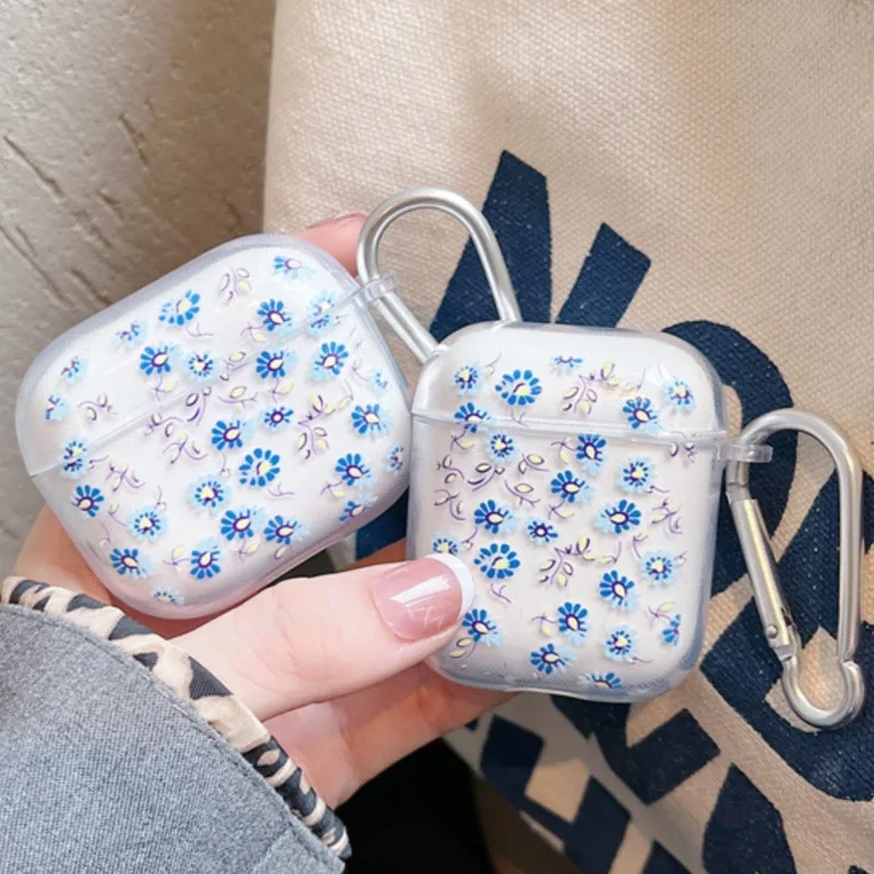 INS Korea Blue Flower Headset Case For Airpods 1 2 3 Cover Shockproof For Airpod Pro Pro2nd 4 Charging Box Fundas