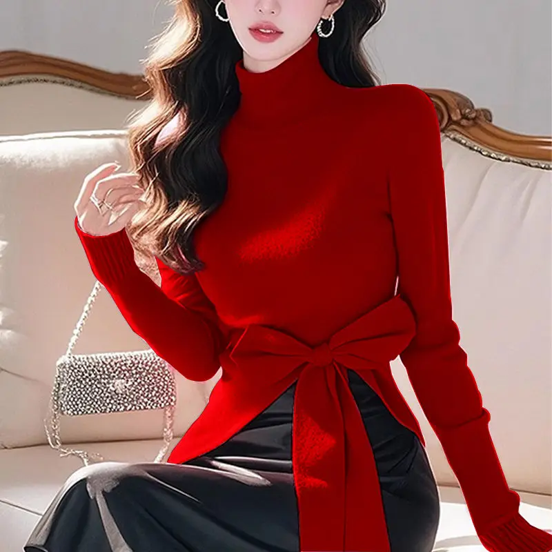 

Women's French Style High Neck Irregular Knit Sweater Bow Detail Elegant Base Layer Autumn Winter Tops