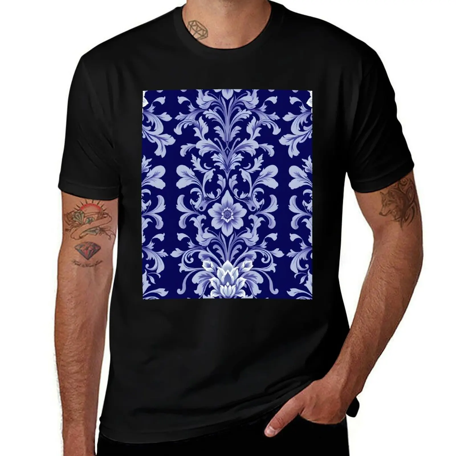 

Victorian Baroque damask in indigo violet elegance, seamless pattern. T-Shirt anime plain shirts men